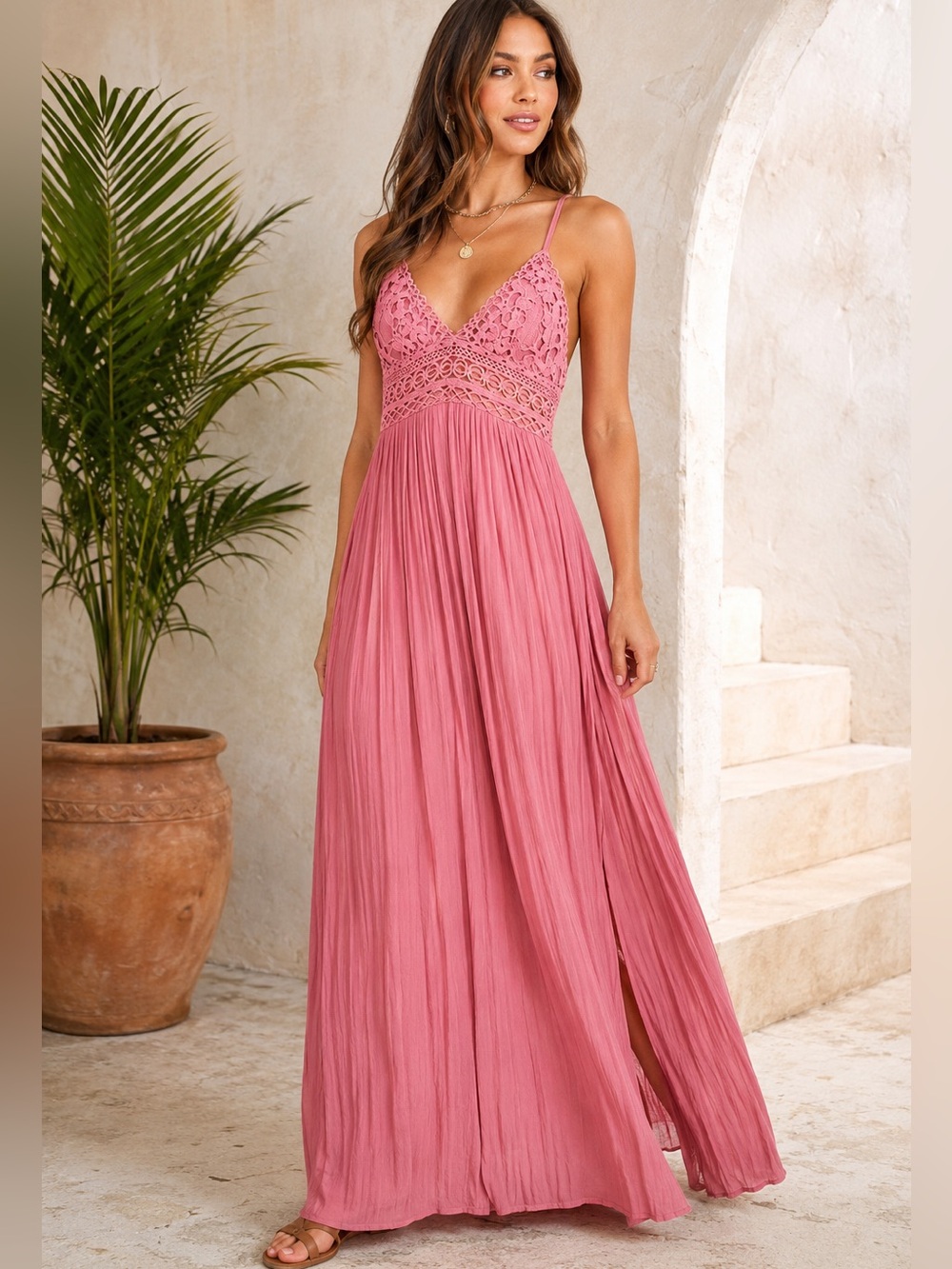 Windsor Dusty Rose Crochet Lace Boho Maxi Dress Open Back Sz Small